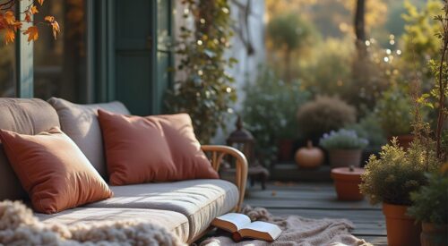 Terrasse cosy en automne avec plaid, coussins et plantes pour une ambiance cocooning bohème