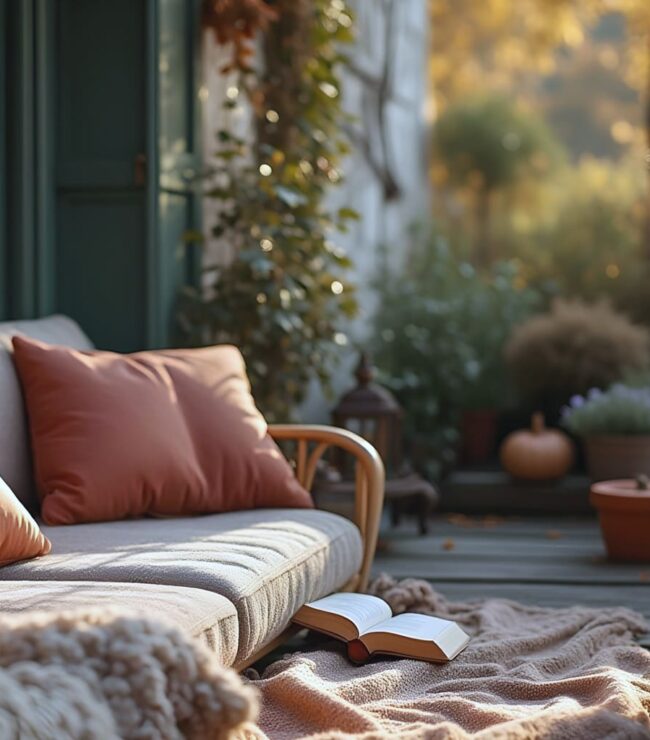 Terrasse cosy en automne avec plaid, coussins et plantes pour une ambiance cocooning bohème