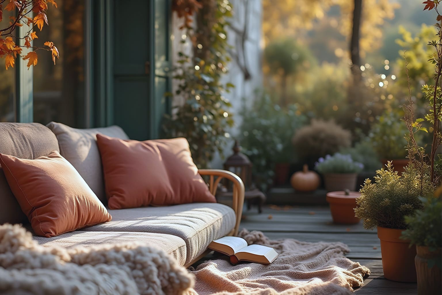 Terrasse cosy en automne avec plaid, coussins et plantes pour une ambiance cocooning bohème