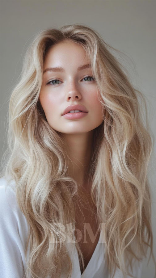 blond vanille automne 2025 hiver 2026 tendance couleurs de cheveux femme moderne bebymaman coloration blond vanille lumineuse, cheveux longs wavy, tendance automne hiver 2025 2026 – Be by Maman