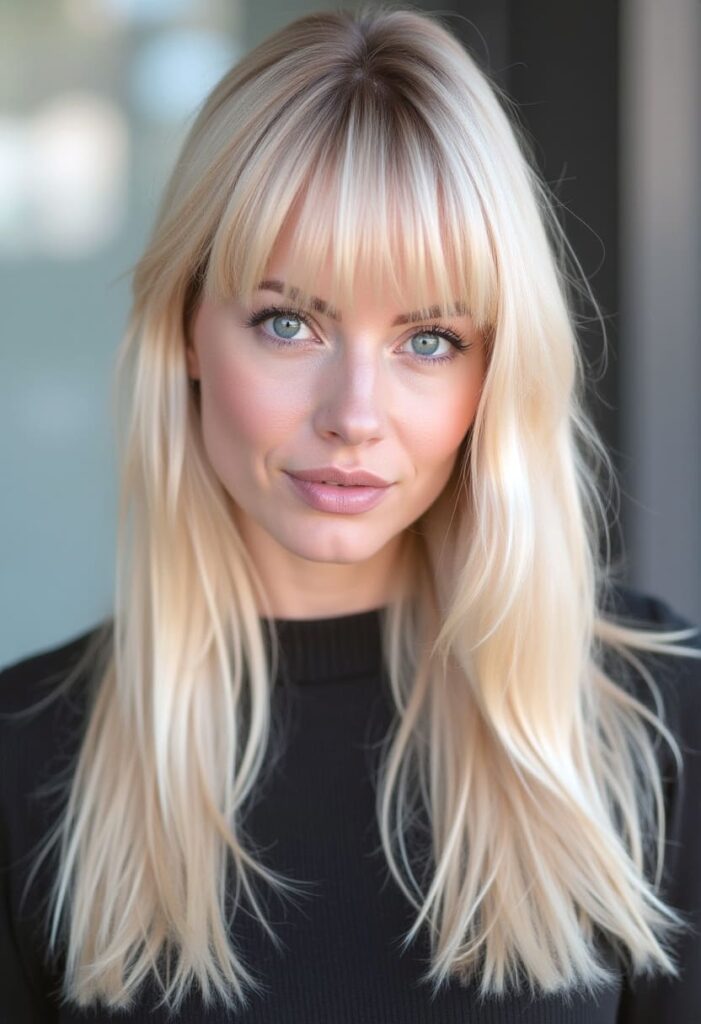 blonde fin coiffure automne tendance frange droite 2025 2026 cheveux mode bebymaman Coupe longue blonde avec frange droite style Brigitte Bardot ultra féminine tendance automne hiver 2025 2026