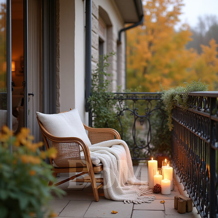campagne chic maison automne amengament exterieur cocooning ambiance cosy bebymaman Fauteuil en rotin, plaid et bougies sur une terrasse aux couleurs d’automne