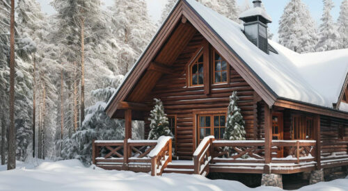 Maison chalet en bois sous la neige, ambiance hivernale cosy et naturelle