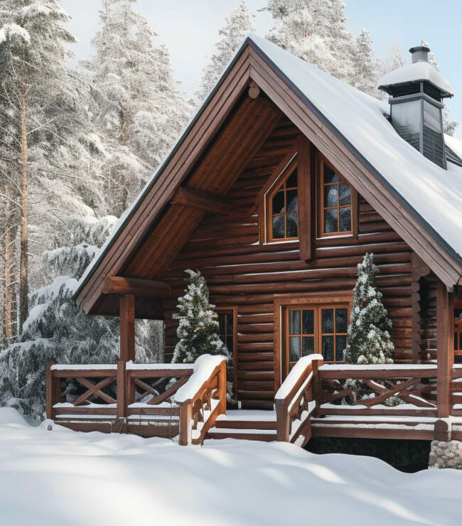 Maison chalet en bois sous la neige, ambiance hivernale cosy et naturelle