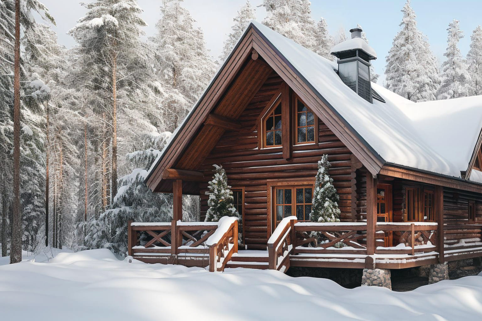Maison chalet en bois sous la neige, ambiance hivernale cosy et naturelle