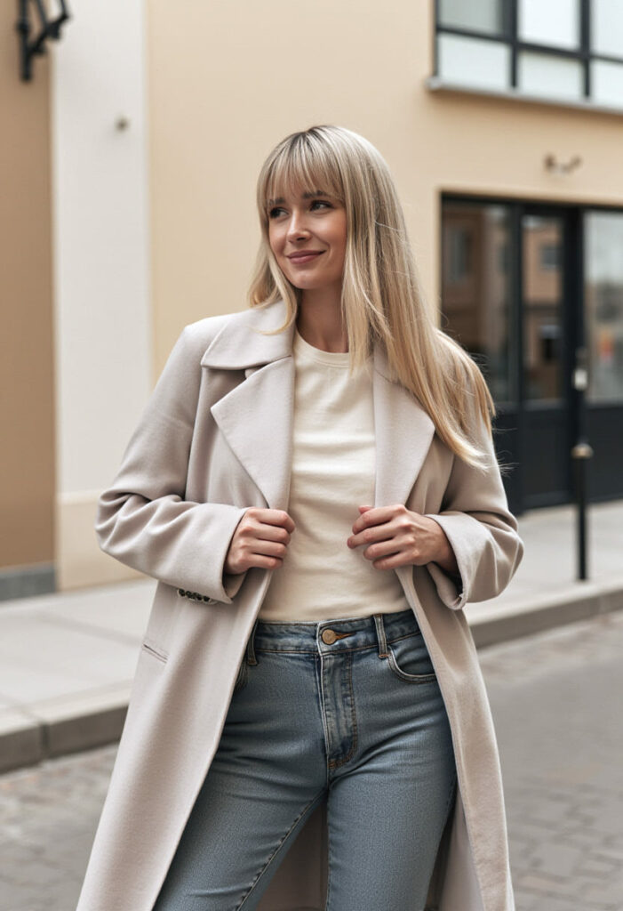 coiffure automne tendance frange droite 2025 2026 cheveux blond clair long lissse mode bebymaman Cheveux longs lisses blonds avec frange droite tendance automne hiver 2025 2026