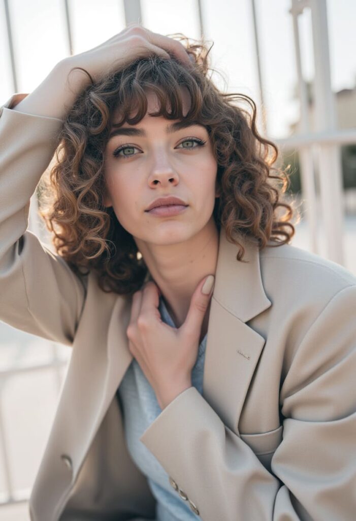 coiffure automne tendance frange droite 2025 2026 cheveux boucle carre court mode bebymaman Carré bouclé avec frange droite tendance automne hiver 2025 2026