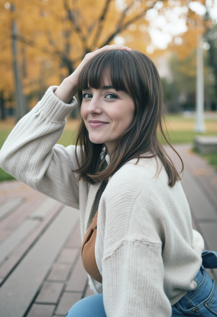 coiffure automne tendance frange droite 2025 2026 cheveux carre long chatain mode bebymaman Carré long avec frange droite tendance automne hiver 2025 2026
