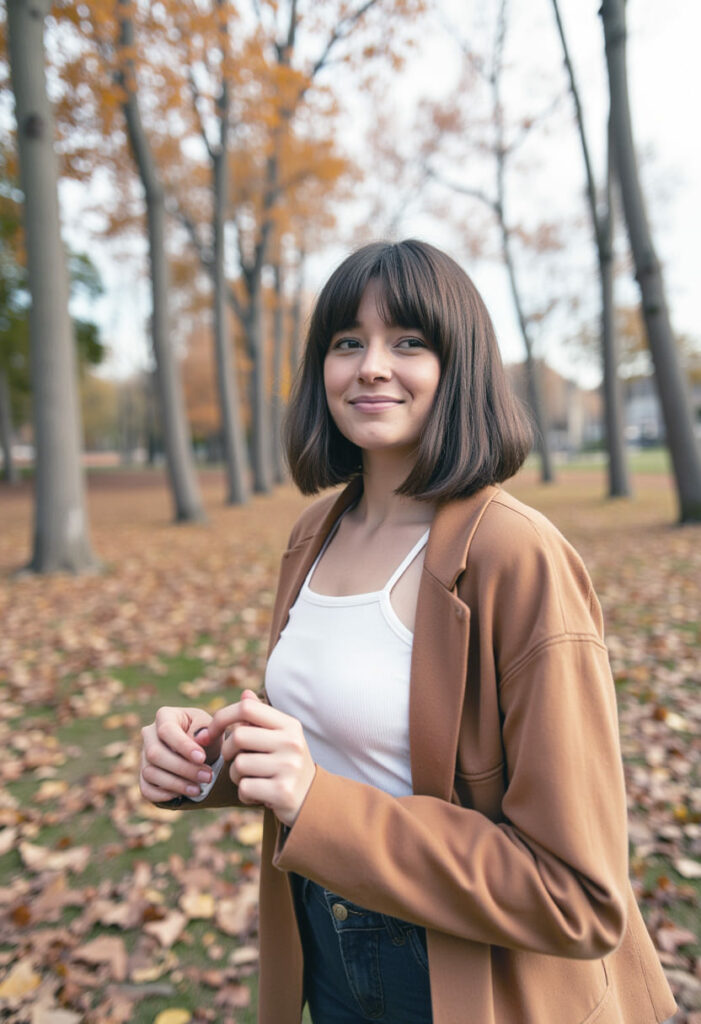 coiffure automne tendance frange droite 2025 2026 cheveux carre mi long chatain mode bebymaman Carré mi-long avec frange droite tendance automne hiver 2025 2026