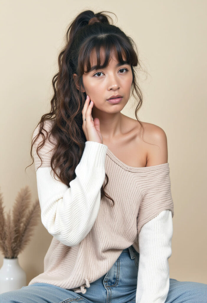 coiffure automne tendance frange droite 2025 2026 cheveux long noir ondulation wavy asiatique mode bebymaman Queue de cheval wavy avec frange droite sur cheveux longs automne hiver 2025 2026