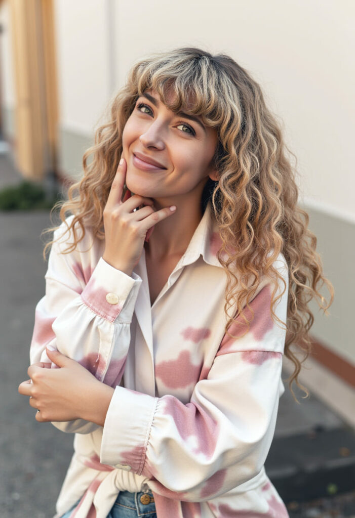 coiffure automne tendance frange droite 2025 2026 cheveux longs boucles blond moyen miel mode bebymaman Cheveux longs bouclés blond miel avec frange tendance automne hiver 2025 2026
