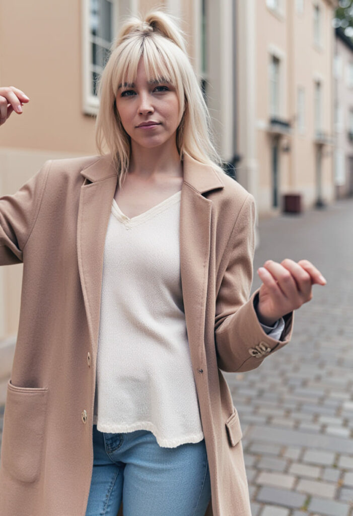 coiffure automne tendance frange droite 2025 2026 cheveux mi queue de cheval blond buns mode bebymaman Frange droite avec demi queue ou half bun cheveux blonds tendance automne hiver 2025 2026