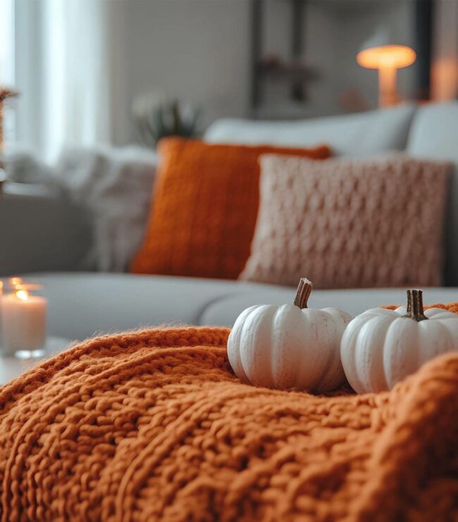 Salon cosy d’automne avec plaid orange, coussins moelleux et bougies allumées