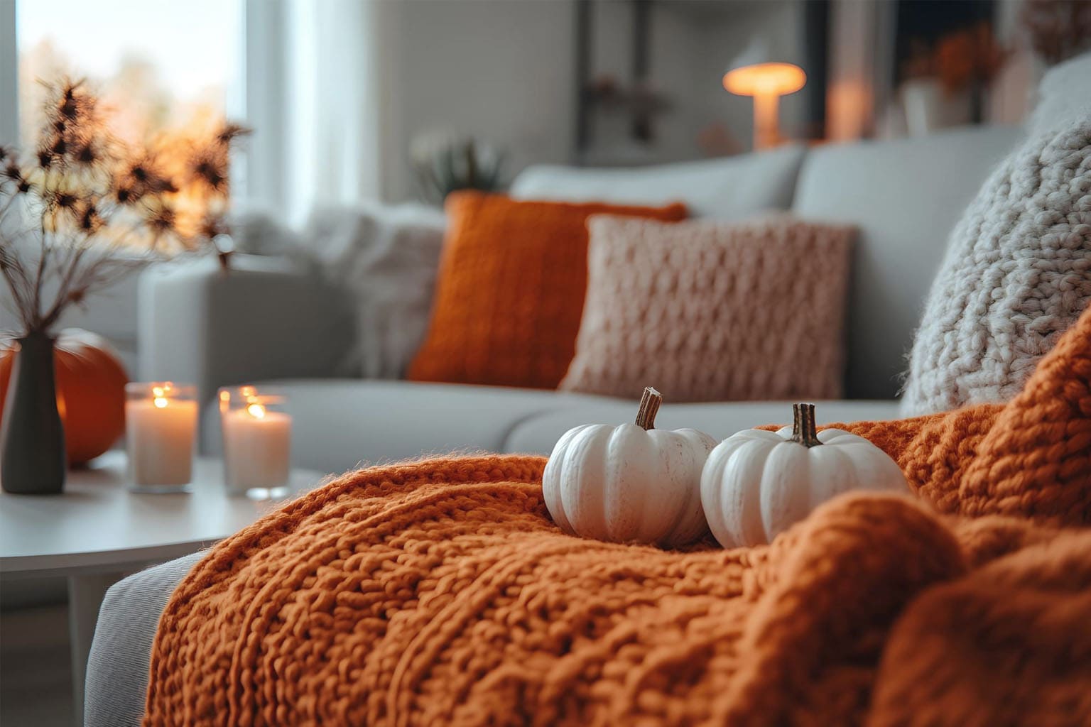 Salon cosy d’automne avec plaid orange, coussins moelleux et bougies allumées