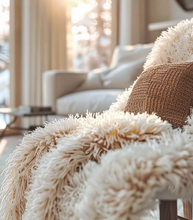 Salon cocooning avec tapis berbère blanc et plaid duveteux sous la lumière d’hiver