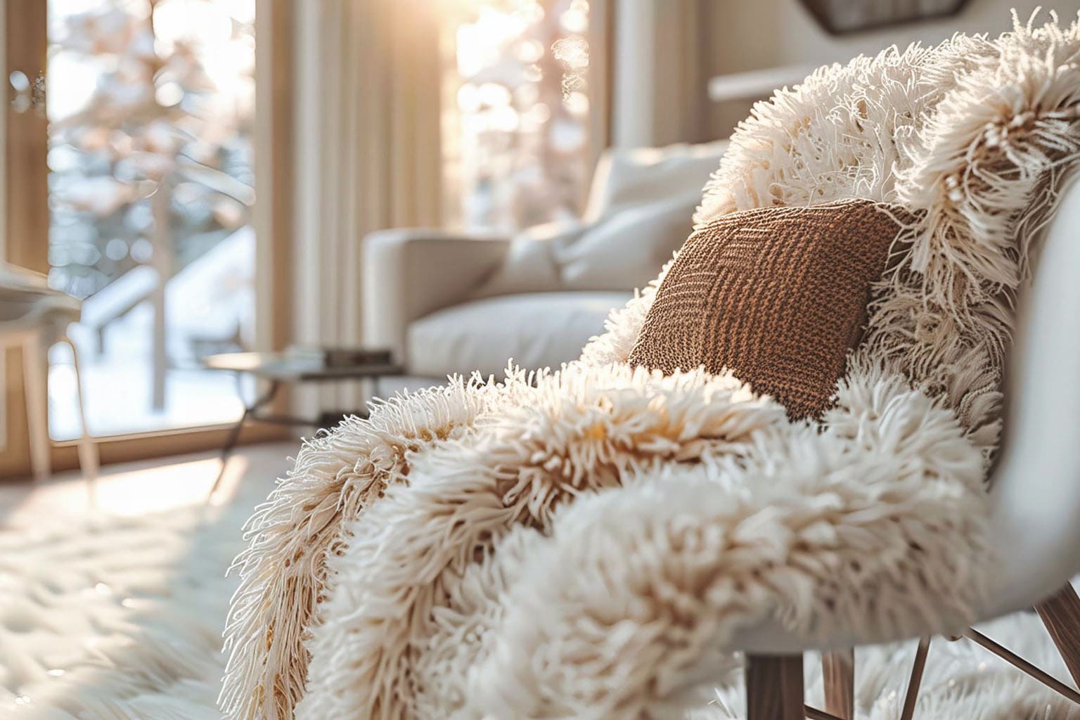 Salon cocooning avec tapis berbère blanc et plaid duveteux sous la lumière d’hiver