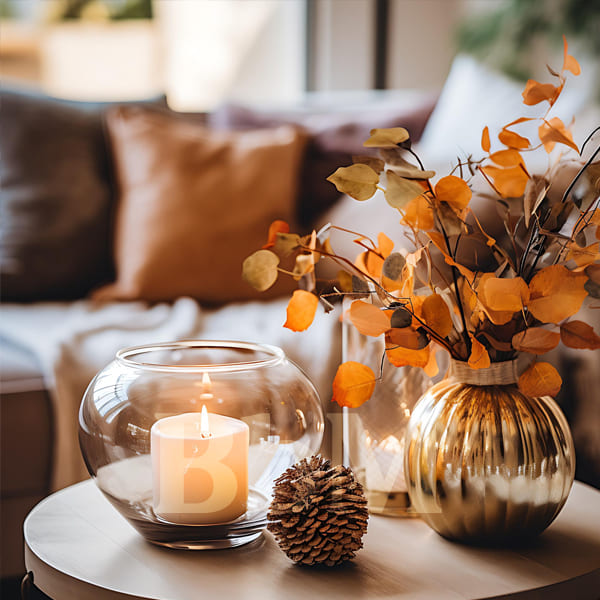 decoration interieure automne maison cosy ambiance cocooning bien etre confort bien chez soi Bougie dans un photophore, pomme de pin et feuillage doré dans un salon cosy