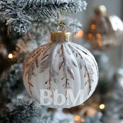 decoration sapin de noel boule blanche givree neige elegance dore moderne bebymaman décoration de sapin de Noël givré blanc et doré, boule élégante et brillante dans un sapin enneigé – idée déco chic Be by Maman