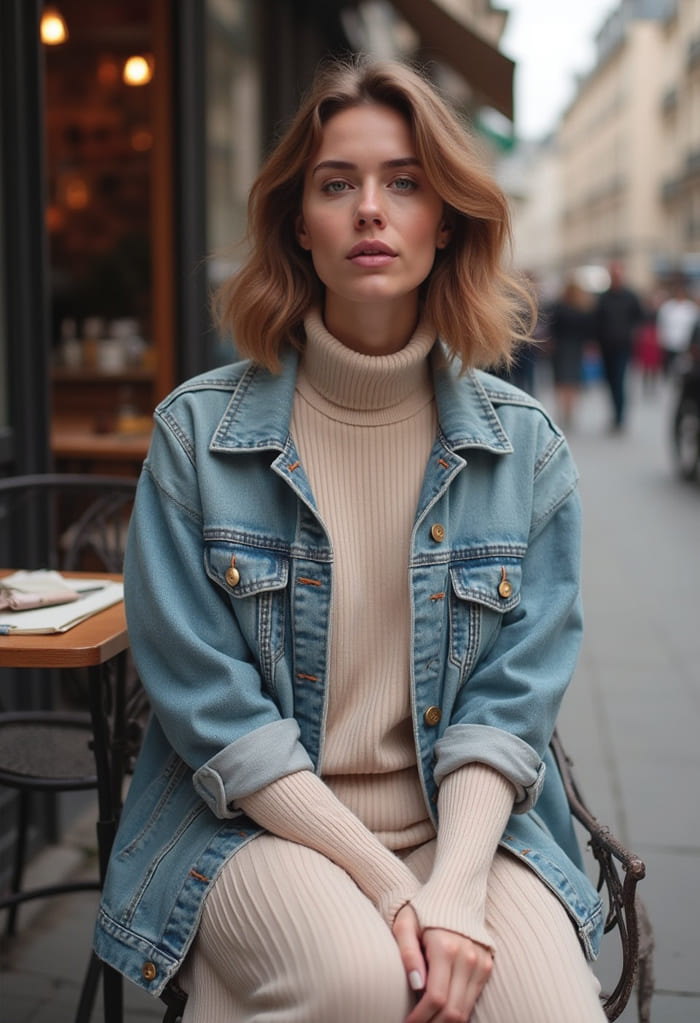 ensemble beige cotele veste en jeans look femme automne maman mode casual chic octobre bebymaman Femme portant un ensemble côtelé beige avec une veste en jean, look casual chic idéal pour l’automne.
