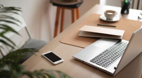 ureau moderne avec ordinateur portable, tasse de café et carnet, symbole d’équilibre entre carrière, bien-être et lifestyle féminin.