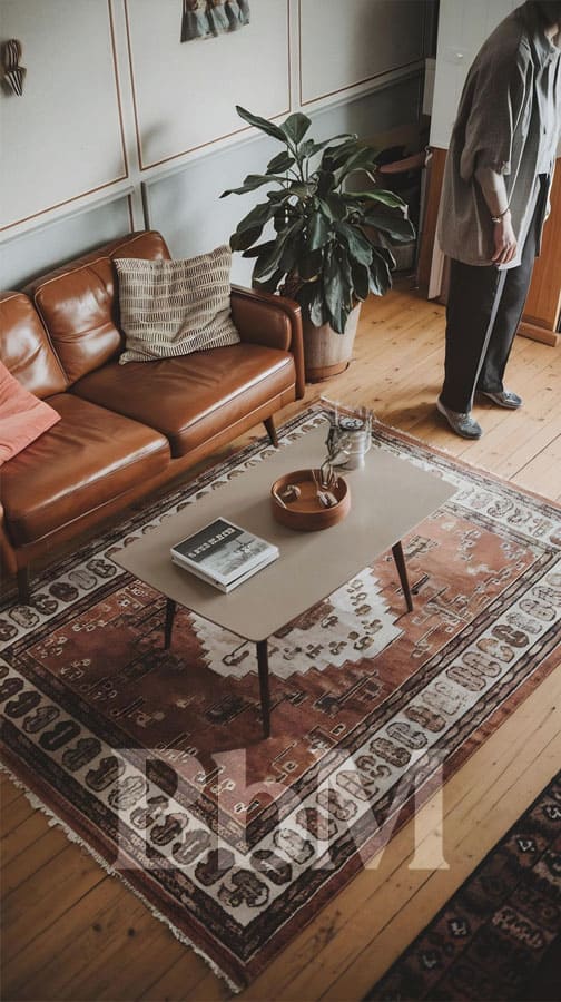 exit le tapis berbere blanc nomade chic de lhiver 2026 canaoe cuir bebymaman Tapis marron et beige aux accents ocre sous un canapé en cuir camel.