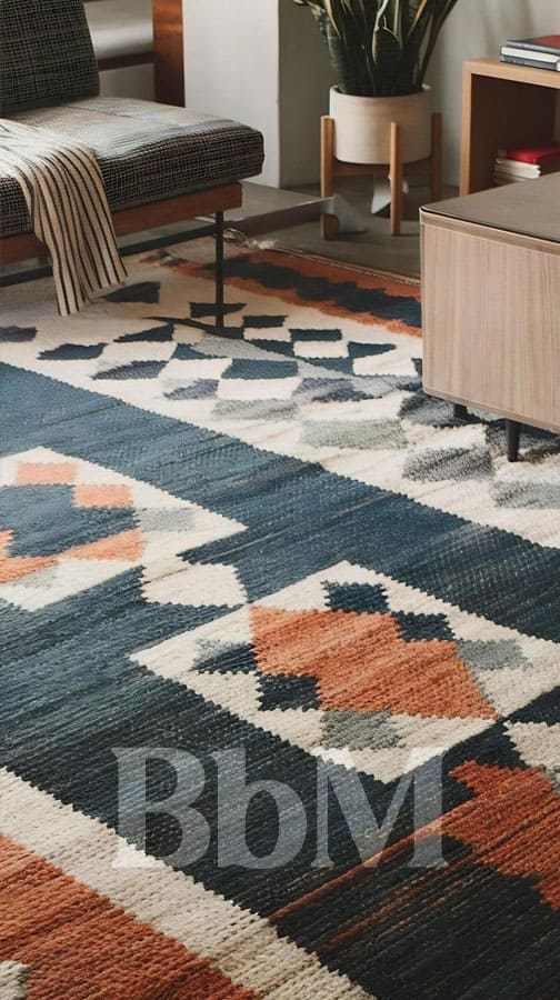 exit le tapis berbere blanc nomade chic de lhiver 2026 motif geometrique bebymaman Tapis graphique bleu pétrole et terracotta dans un salon au style nomade chic.