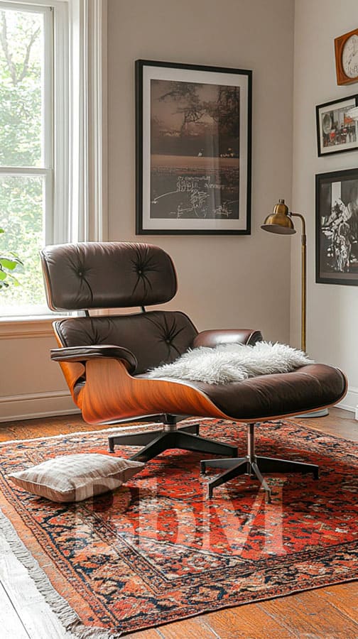 exit le tapis berbere blanc nomade chic de lhiver 2026 vintage fauteil bebymaman Tapis rouge oriental dans un salon lumineux au fauteuil en cuir marron. Légende WP : Tapis rouge profond et fauteuil vintage, duo parfait pour un coin lecture cocooning.