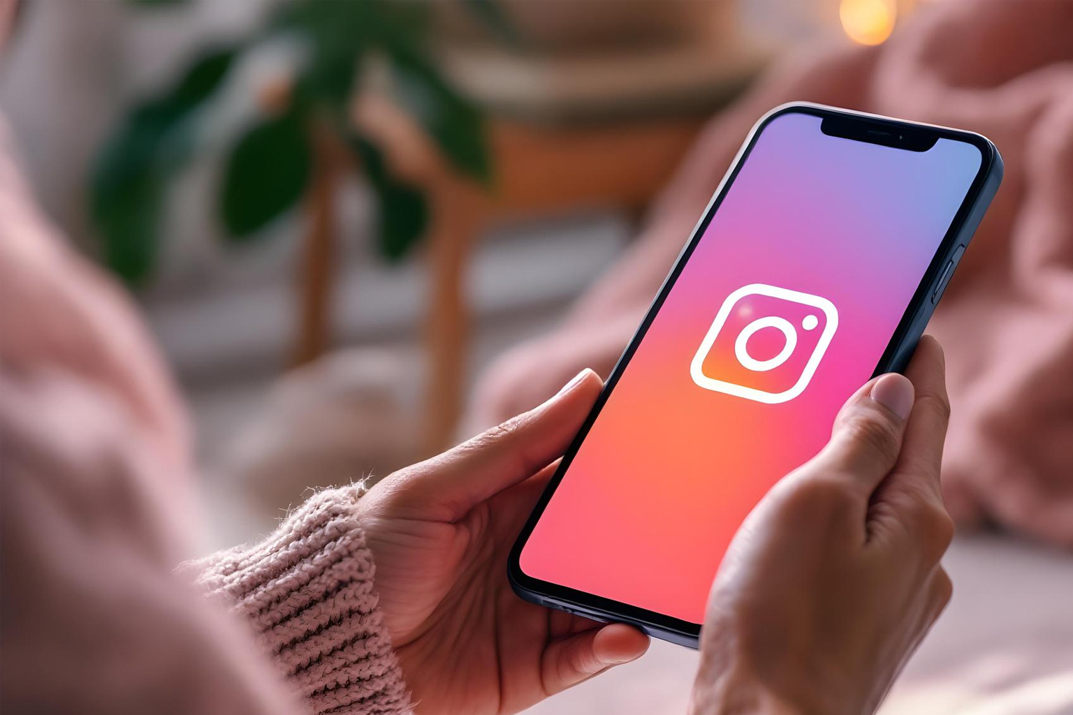 Femme tenant un smartphone affichant le logo d’Instagram à l’écran