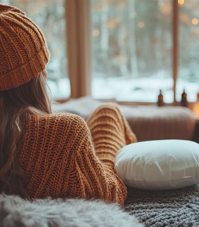 Femme en mode cocooning à la maison, emmitouflée dans un pull et un bonnet face à la neige