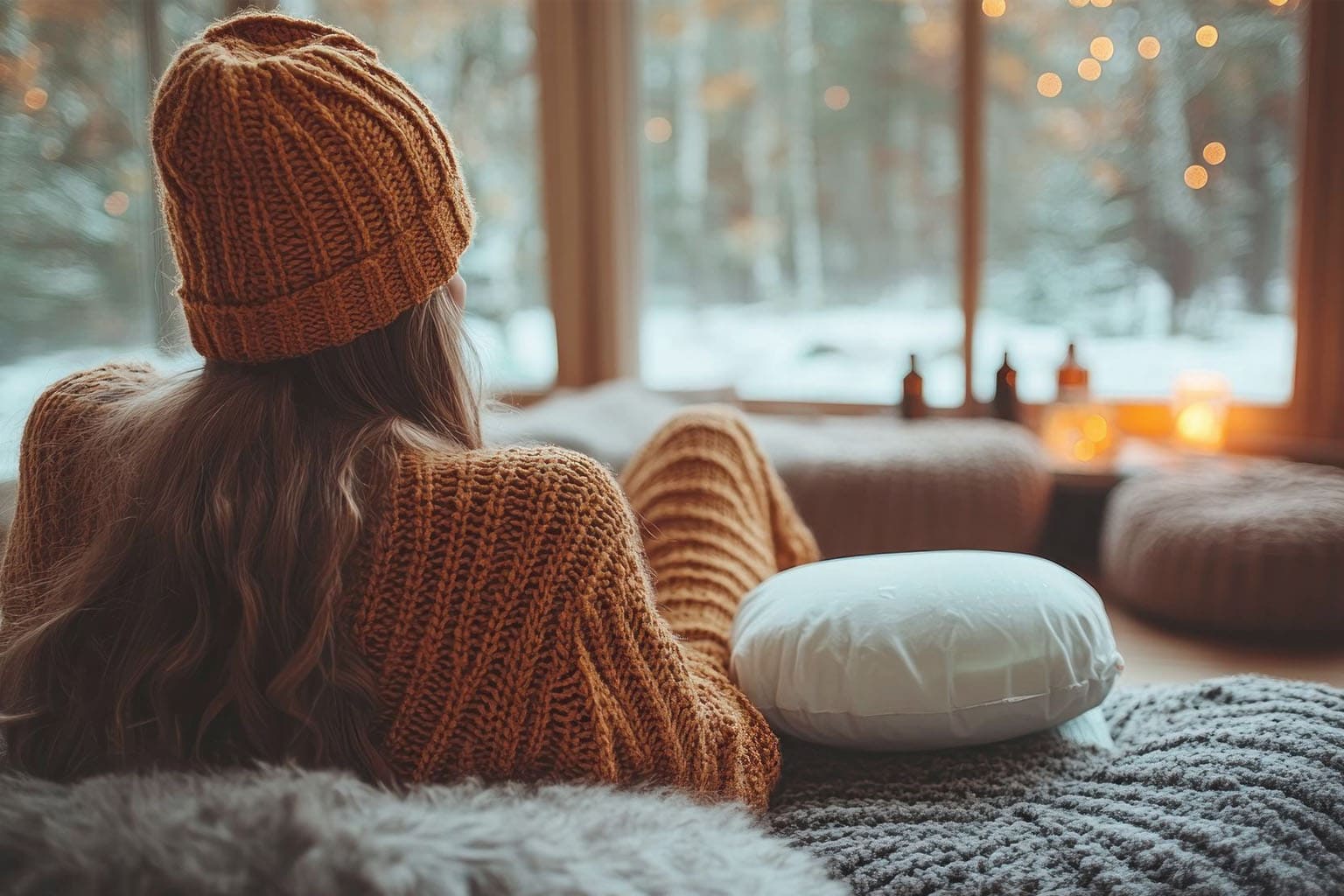 Femme en mode cocooning à la maison, emmitouflée dans un pull et un bonnet face à la neige