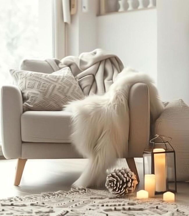 salon cosy chic en hiver avec cheminée, bougies et plaid – maison chaleureuse et cocooning Be by Maman