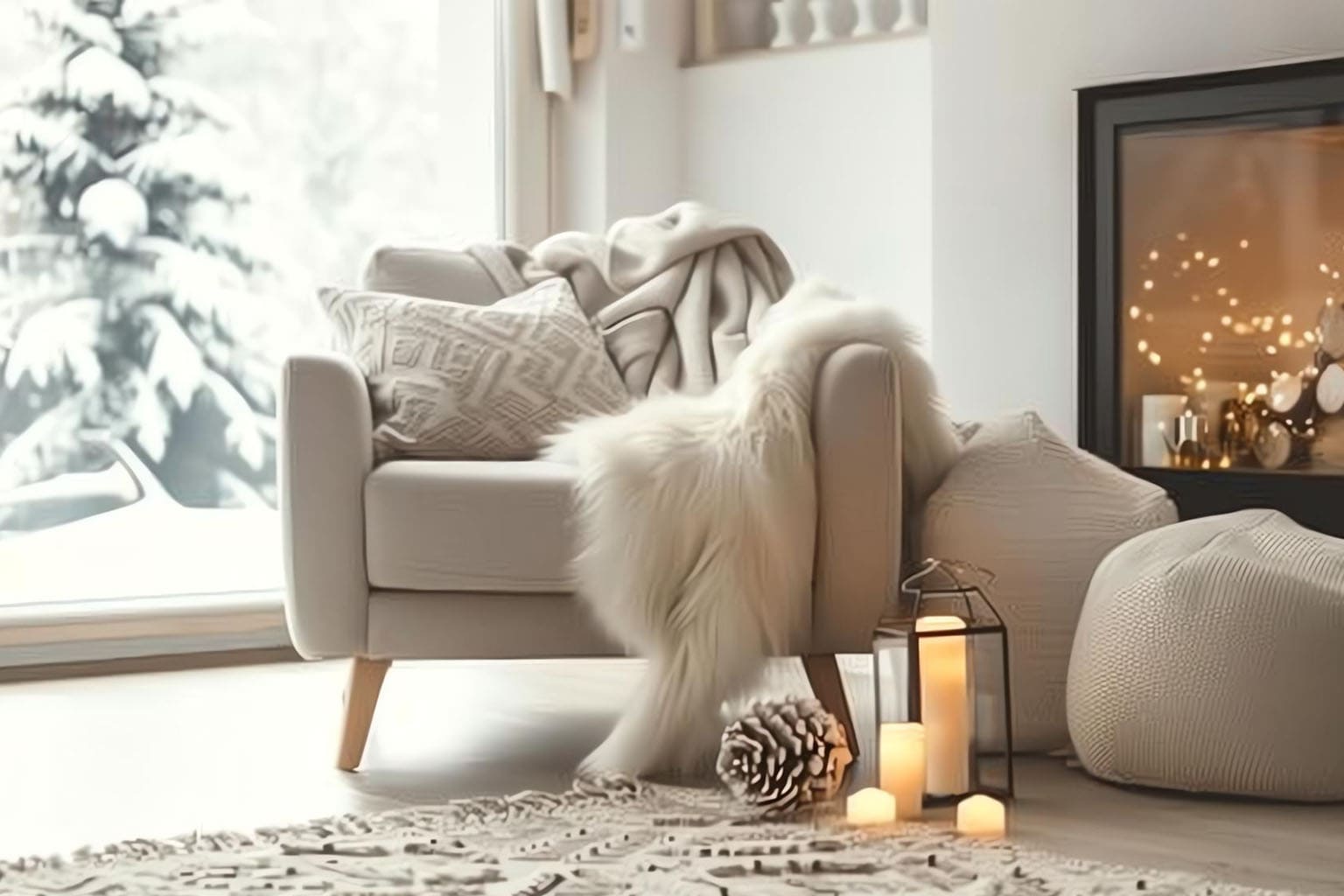 salon cosy chic en hiver avec cheminée, bougies et plaid – maison chaleureuse et cocooning Be by Maman