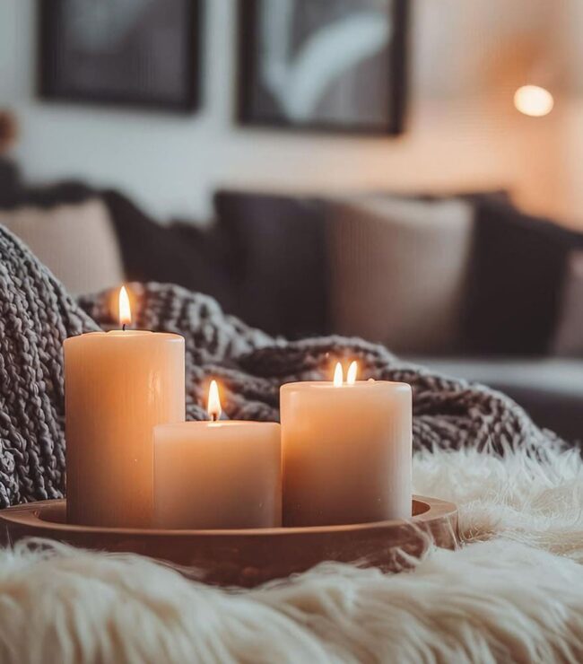 Bougies allumées sur un plaid en laine dans un salon cocooning à la décoration bohème chic