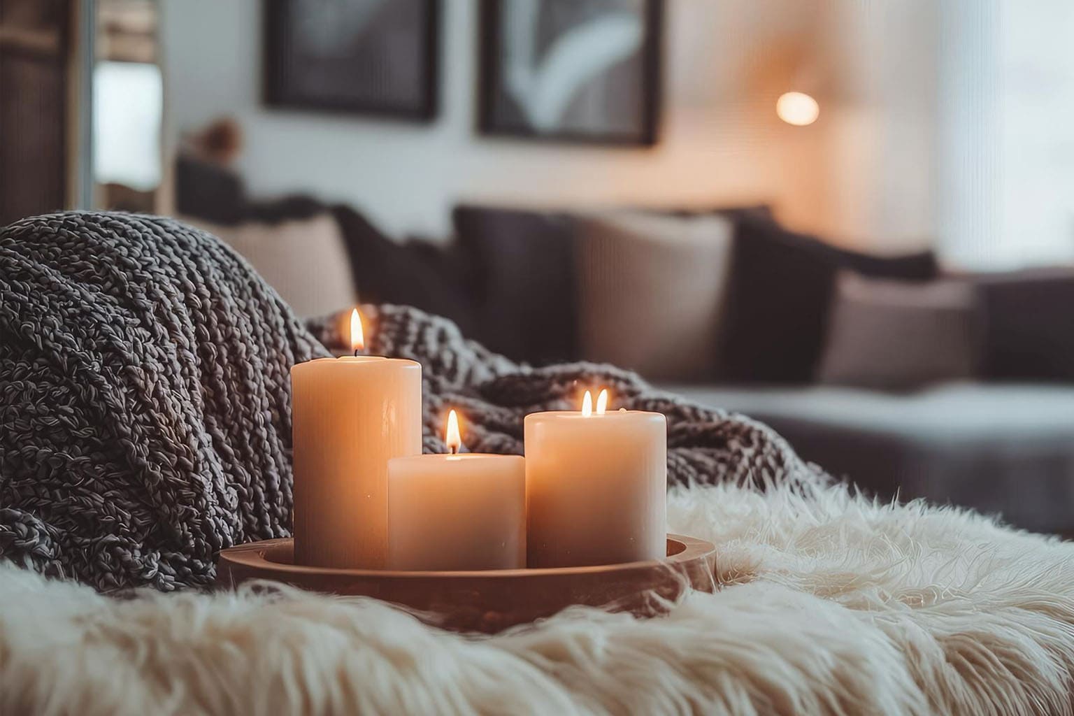 Bougies allumées sur un plaid en laine dans un salon cocooning à la décoration bohème chic