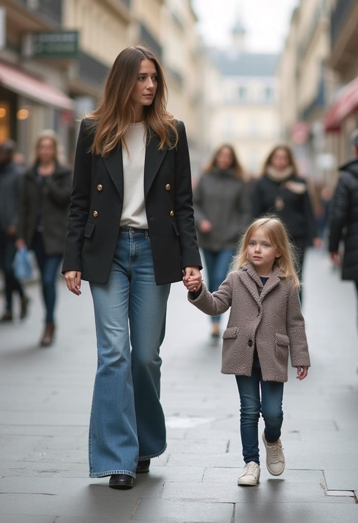 jeans patte delephant veste marine look femme automne maman mode casual chic octobre bebymaman Femme portant une veste marine élégante avec un jean patte d’eph’ et des chaussures chic, look automnal intemporel.