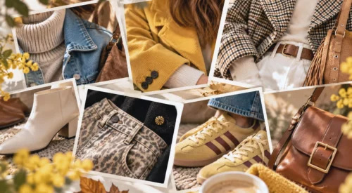 Collage mode automne femme avec détails de 5 looks casual chic, denim, jaune, léopard, carreaux et accessoires cognac