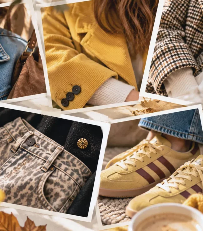 Collage mode automne femme avec détails de 5 looks casual chic, denim, jaune, léopard, carreaux et accessoires cognac