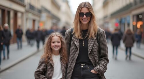 Une maman et sa fille portant des manteaux à carreaux assortis, look casual chic parfait pour l’automne et la mi-saison.