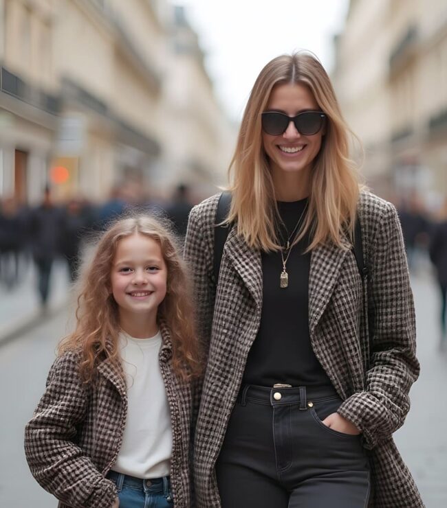 Une maman et sa fille portant des manteaux à carreaux assortis, look casual chic parfait pour l’automne et la mi-saison.