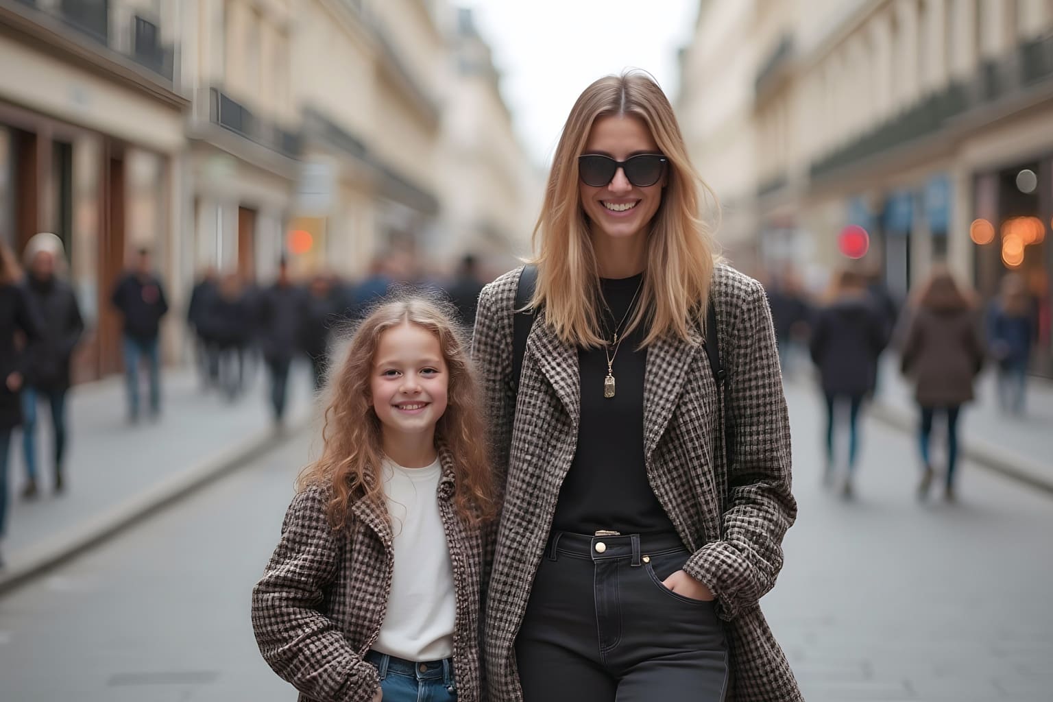 Une maman et sa fille portant des manteaux à carreaux assortis, look casual chic parfait pour l’automne et la mi-saison.