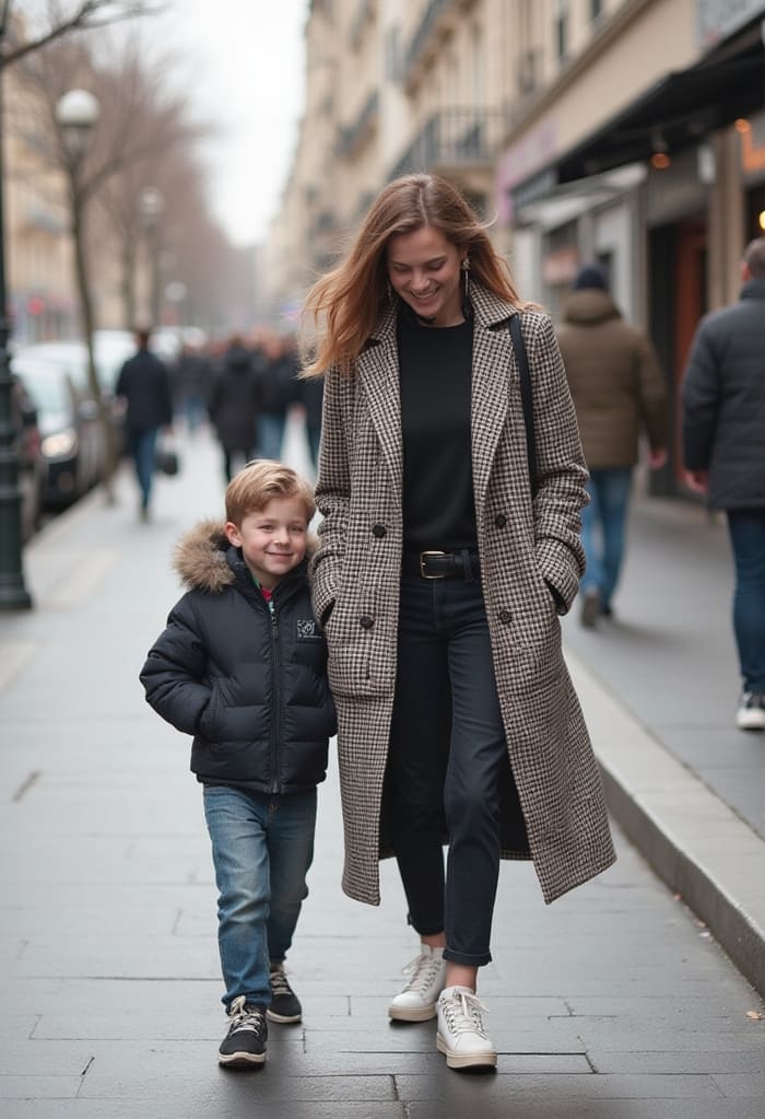 manteau a carreaux oversize look femme automne maman mode casual chic octobre bebymaman Maman en manteau oversize à carreaux marchant avec son enfant, tenue chic et décontractée avec jean et baskets blanches.