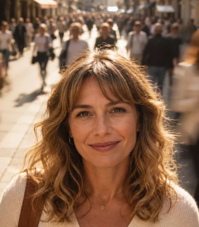 Femme souriante au milieu d'une foule en mouvement, symbole d'une mère qui choisit son propre rythme de vie malgré un quotidien qui va toujours plus vite.