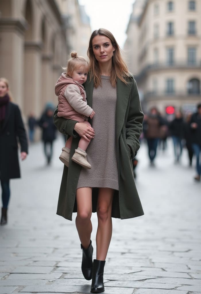 robe pull lowboots noire manteau oversize look femme automne maman mode casual chic octobre bebymaman Maman élégante portant une robe pull avec un manteau long kaki et des low boots noires, look cosy-chic parfait pour l’automne.