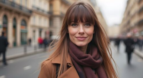 Femme au style casual avec frange droite et cheveux longs tendance automne hiver 2025 2026