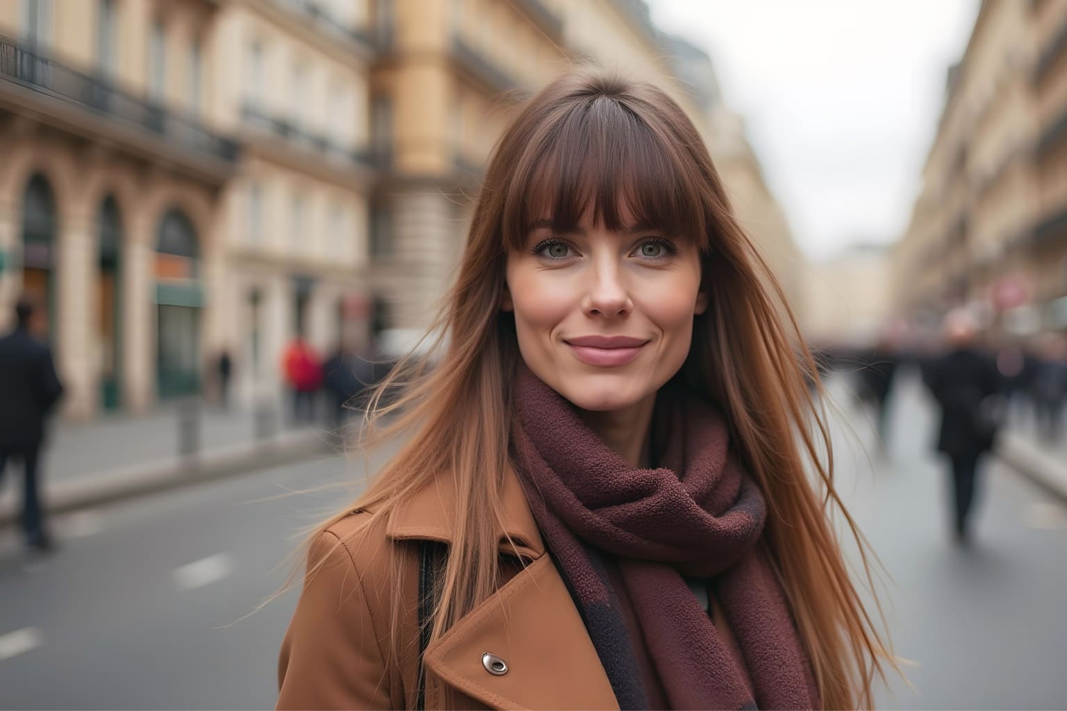 Femme au style casual avec frange droite et cheveux longs tendance automne hiver 2025 2026