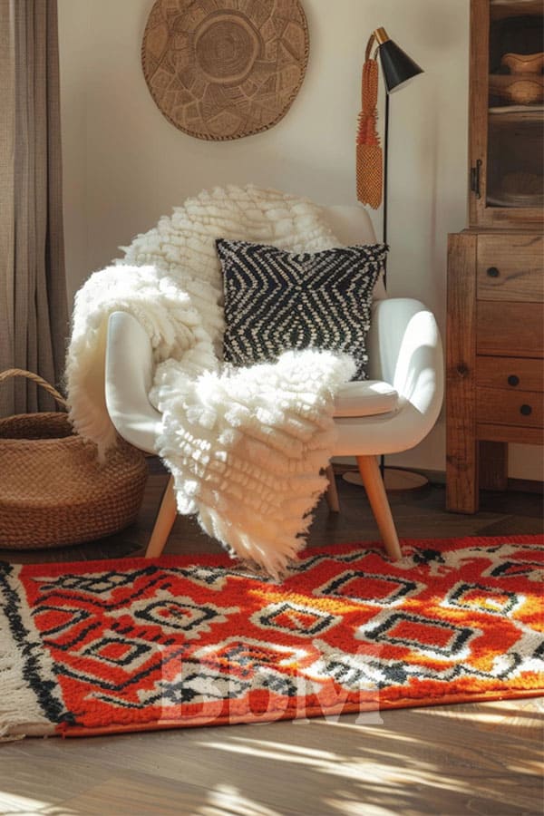 tapis berbere maison hiver cosy chic interieur tapis cocooning moelleux dans un salon cosy chic, décoration d’hiver chaleureuse – Be by Maman