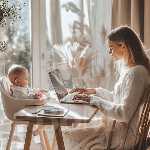 teletravail femme maman travail a domicile sante bien etre hiver maison bebe bebymaman Maman en télétravail à la maison avec son bébé pendant l’hiver
