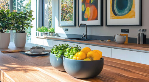 Cuisine lumineuse et chaleureuse avec grand plan de travail en bois, plantes vertes et décorations murales colorées.