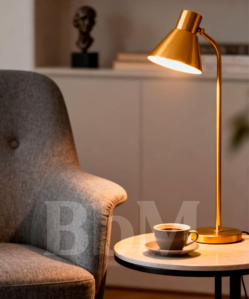 lumiere appoint maison decoration dinterieur slow home inspiration naturelle bebymaman lampe d’appoint dorée diffusant une lumière douce dans un salon slow home