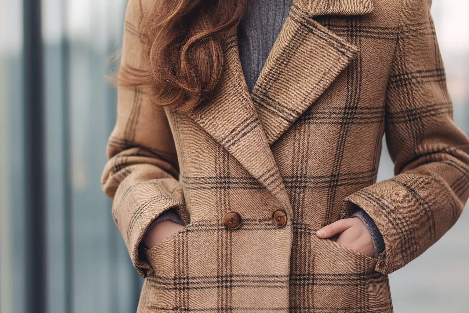 Manteau femme à carreaux camel avec col tailleur et double boutonnage, look automne-hiver cosy chic.